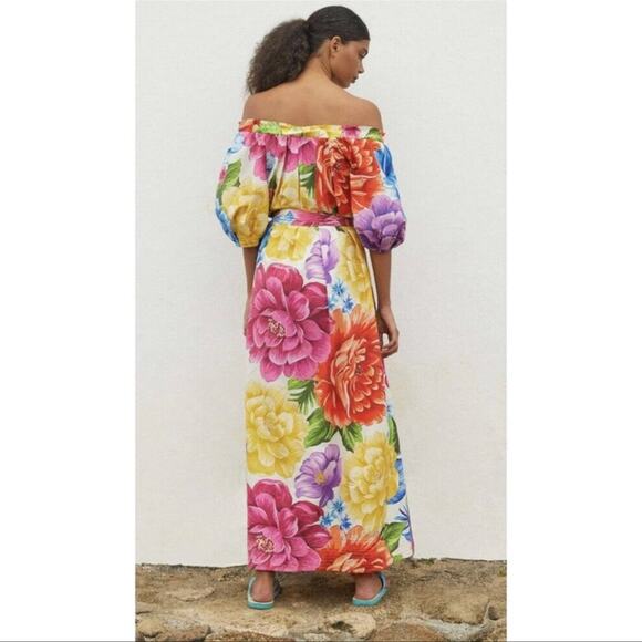 Anthropologie Farm Rio Rainbow Chita Off Shoulder Maxi Dress Small puff sleeve - Picture 4 of 8